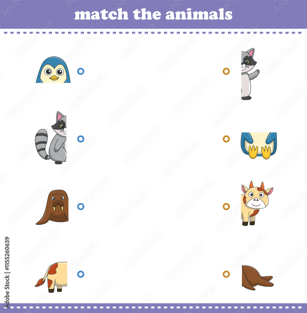 Fototapeta premium Match halves of cute cartoon wildlife animals. Logical game for kids