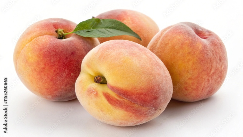 peaches with leaves highlighted on white or clear. Dietary nutrition, vegetarianism peaches with leaves highlighted on white or clear. Dietary nutrition, vegetarianism