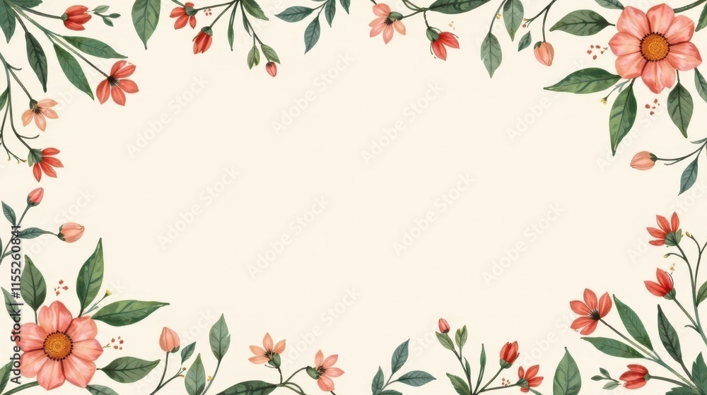 Elegant Floral Frame with Delicate Peach and Coral Blossoms and Lush Green Foliage, Perfect for Invitations, Announcements, or Decorative Purposes Elegant Floral Frame with Delicate Peach and Coral Blossoms and Lush Green Foliage, Perfect for Invitations, Announcements, or Decorative Purposes