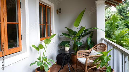 Tropical-themed balcony with a small table, rattan chair, and green plants. Generative AI photo