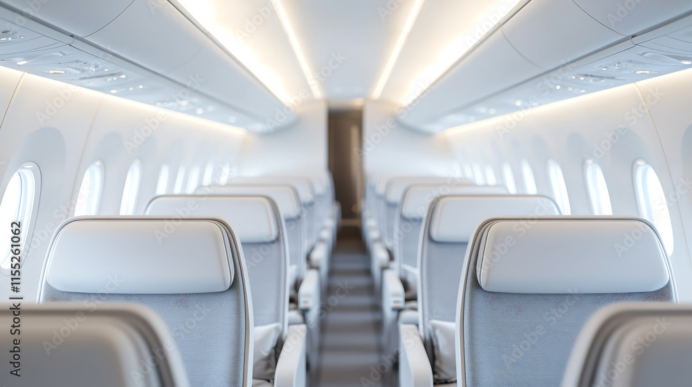 Fototapeta premium Modern airplane interior with spacious seating and soft lighting