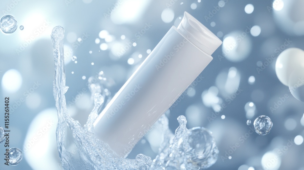 Whitening cream tube floating in the air, surrounded by water droplets and bubbles on plain background for skin care products Whitening cream tube floating in the air, surrounded by water droplets and bubbles on plain background for skin care products