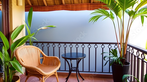 Tropical-themed balcony with a small table, rattan chair, and green plants. Generative AI photo