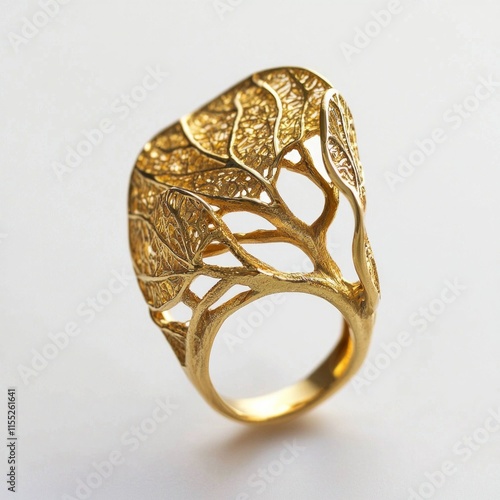 Intricate gold ring with organic leaf design on white background photo