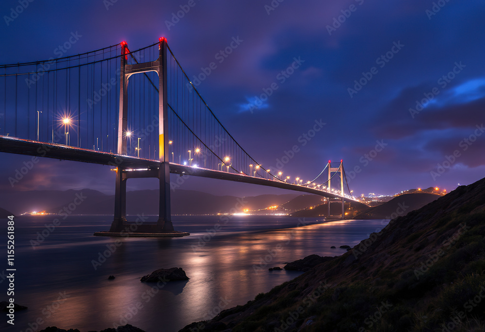 Fototapeta premium A large suspension bridge with illuminated cables and arches spanning over a body of water at night