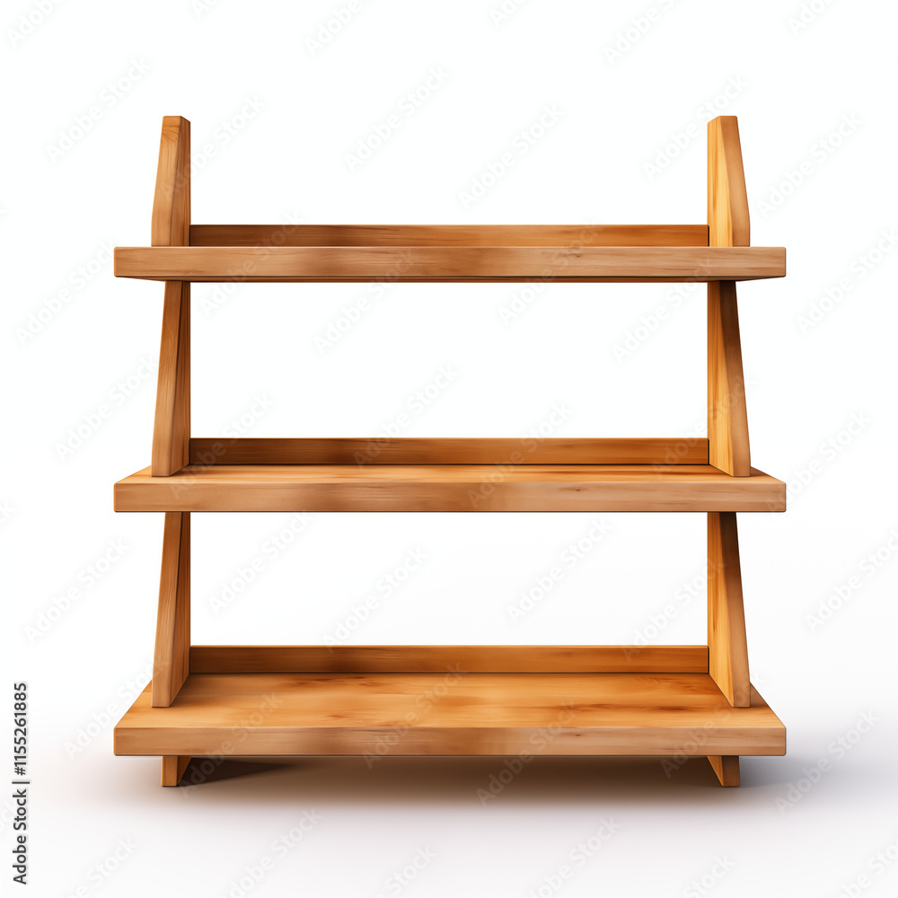 ThreeTier Wooden Shelf Empty Display Stand Rustic Brown Wood Isolated on White ThreeTier Wooden Shelf Empty Display Stand Rustic Brown Wood Isolated on White