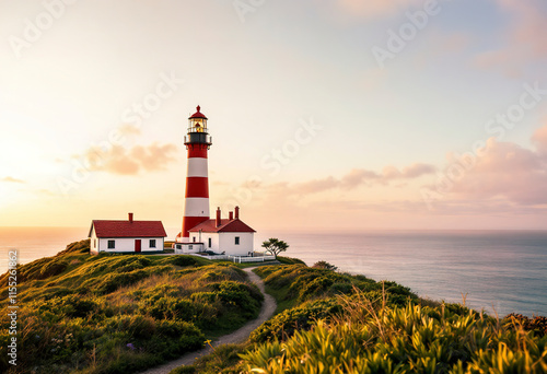 A lighthouse on a grassy hill overlooking a calm ocean at sunset. The lighthouse has a red and white striped tower and a small building next to it. The surrounding area is covered in lush greenery