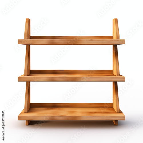 ThreeTier Wooden Shelf Empty Display Stand Rustic Brown Wood Isolated on White photo