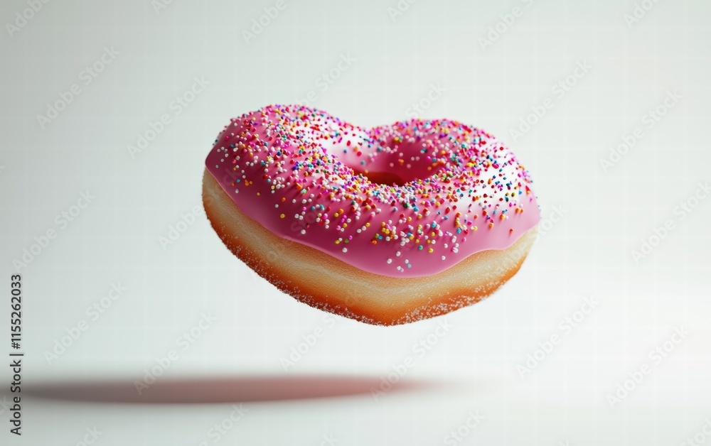 A heart-shaped pink frosted donut with sprinkles, floating mid-air on a bright white background A heart-shaped pink frosted donut with sprinkles, floating mid-air on a bright white background