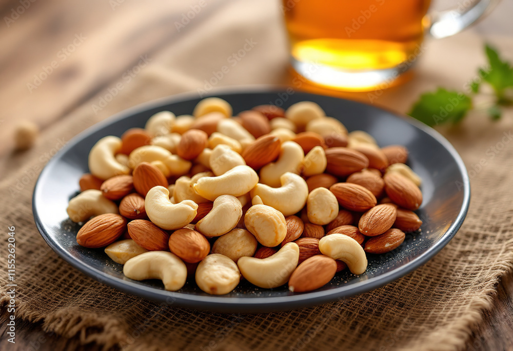 A plate of mixed nuts including almonds, cashews, and peanuts on a wooden table with a glass of amber-colored liquid in the background A plate of mixed nuts including almonds, cashews, and peanuts on a wooden table with a glass of amber-colored liquid in the background