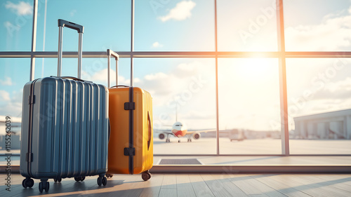 Two suitcases at an airport terminal, blue sky and plane in the background, concept of travel. 3D. Generative AI