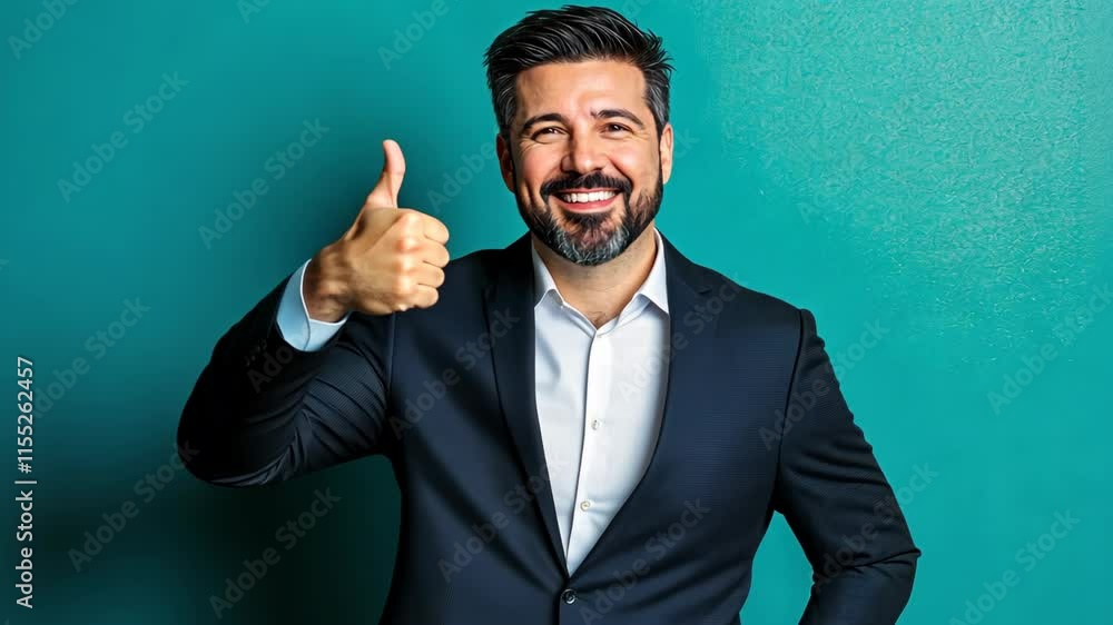 Professional man giving a thumbs up, standing against a vibrant teal background in a formal setting Professional man giving a thumbs up, standing against a vibrant teal background in a formal setting