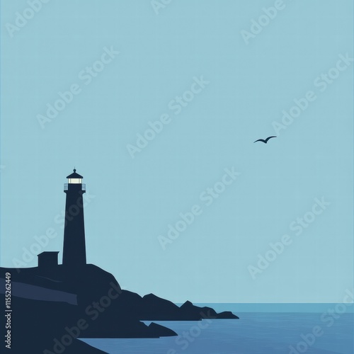 Silhouette of a lighthouse on a rocky coast against a calm blue sky with a bird soaring above the ocean. Generative AI