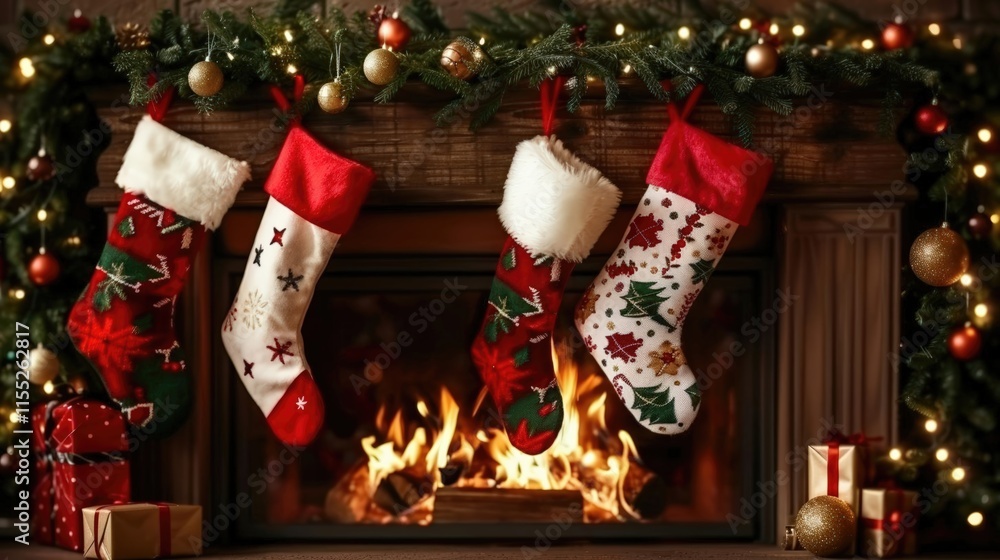 Naklejka premium Cozy Christmas fireplace with stockings