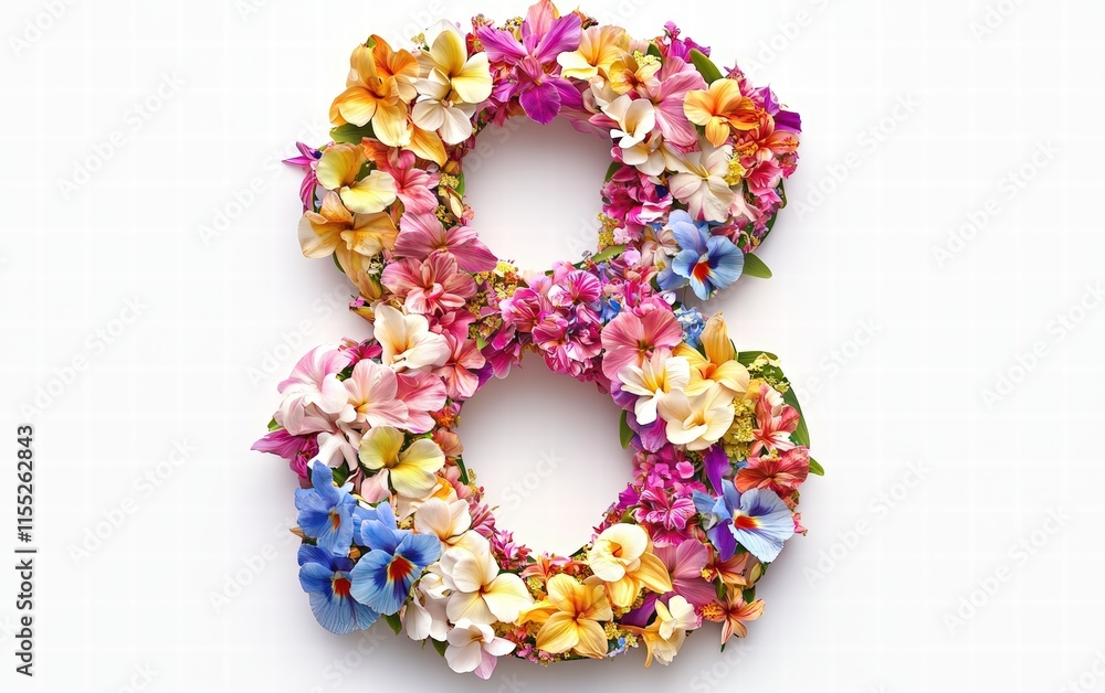 A lush floral number 8 made of exotic flowers on a white background, with modern 8 March text below A lush floral number 8 made of exotic flowers on a white background, with modern 8 March text below