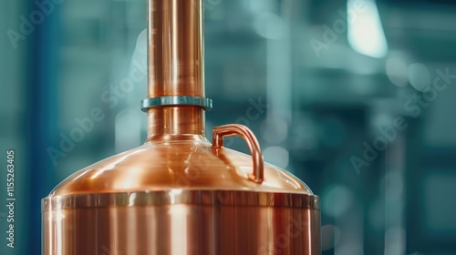 Close-up RAW Style of Copper pot whiskey distillation, artisanal spirits photo