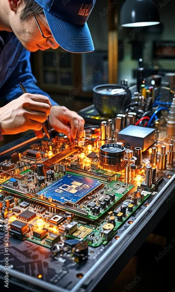 A technician uses a soldering iron to fix the interior of a mobile phone. Circuit Integrated. the idea of hardware, data, and technology.
