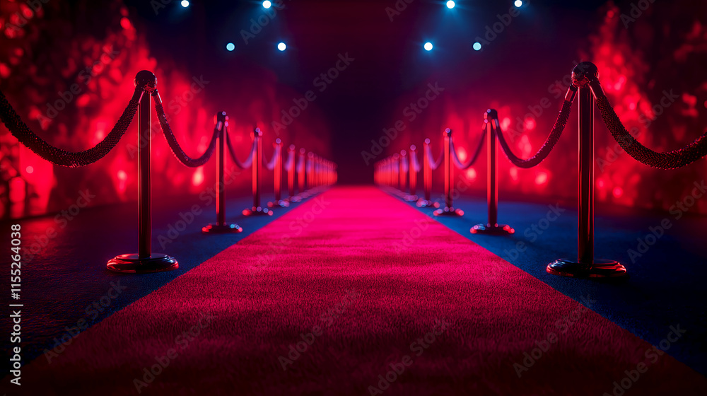Blurred red carpet event entrance with glowing lights, velvet ropes. Elegant premiere night walkway with red carpet and golden barriers. Exclusive gala setting, film festival, shimmering lights Blurred red carpet event entrance with glowing lights, velvet ropes. Elegant premiere night walkway with red carpet and golden barriers. Exclusive gala setting, film festival, shimmering lights