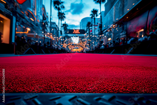 Luxurious red carpet event entrance with glowing lights, velvet ropes. Elegant premiere night walkway with red carpet and golden barriers. Exclusive gala setting, vibrant red carpet, shimmering lights photo