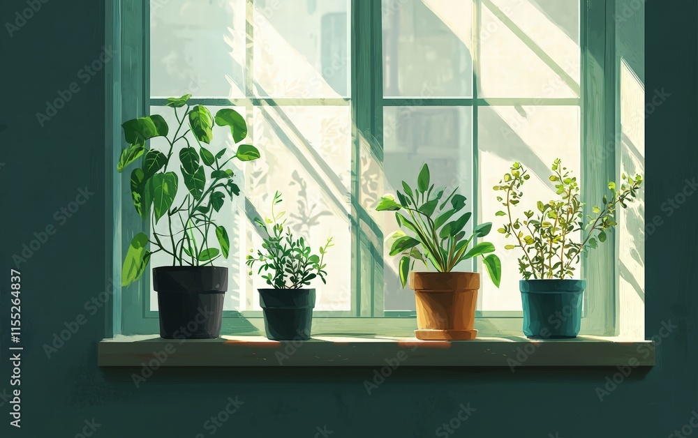A set of small potted plants arranged on a windowsill, with fresh sunlight streaming in A set of small potted plants arranged on a windowsill, with fresh sunlight streaming in