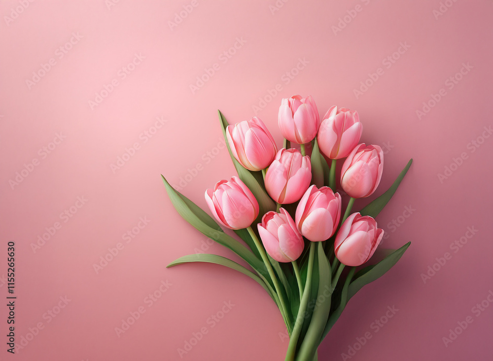 A bouquet of pale pink tulips arranged on a matching pink background.  The image is simple, elegant, and evokes feelings of springtime and romance.