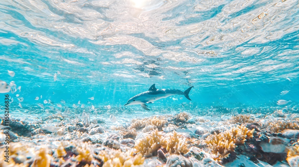 Fototapeta premium Dolphin swimming in coral reef underwater ocean scene