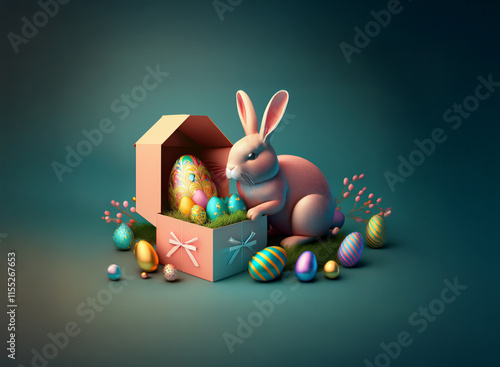 A pink Easter bunny sits beside an open gift box overflowing with colorful eggs.  Surrounding them are more pastel eggs and spring-like foliage.  The scene is rendered in a 3D style. photo