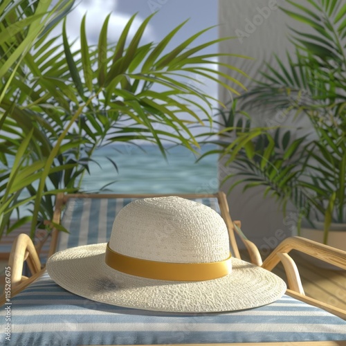 Closeup of a 3D model of a sunhat on a deck chair photo