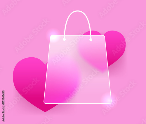 Glass morphism glamour shopping bag icon with heart on pink background. Valentine’s Day sale vector symbol