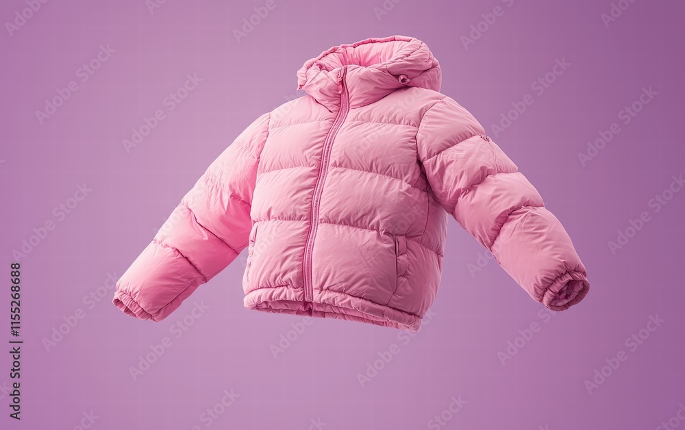 Cozy pink insulated jacket mockup, slightly hovering mid-air, pastel violet background Cozy pink insulated jacket mockup, slightly hovering mid-air, pastel violet background