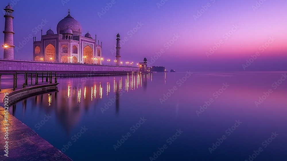 Obraz premium Majestic Taj Mahal at sunset, reflecting in calm water.