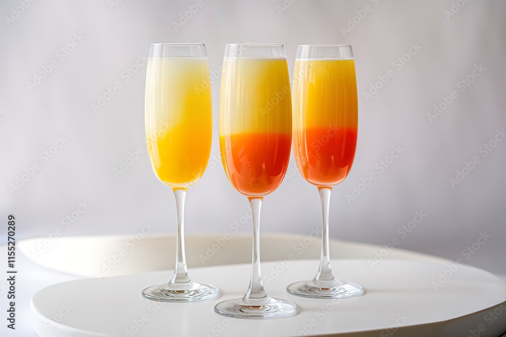 A setup of three champagne flutes filled with a gradient of yellow and orange mimosa cocktail A setup of three champagne flutes filled with a gradient of yellow and orange mimosa cocktail