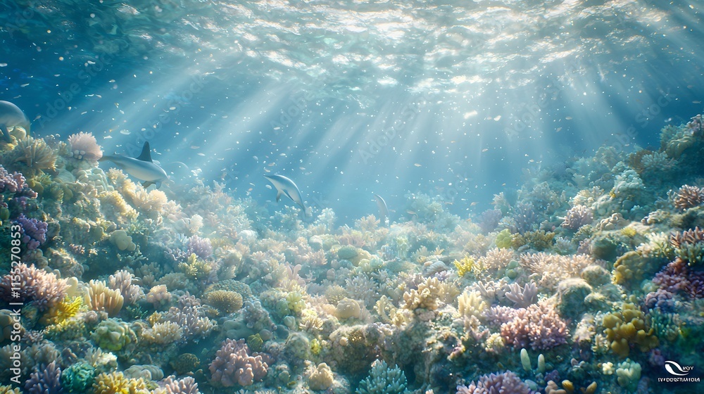 Vibrant Coral Reef Dolphins Underwater Scene Ocean Life Vibrant Coral Reef Dolphins Underwater Scene Ocean Life