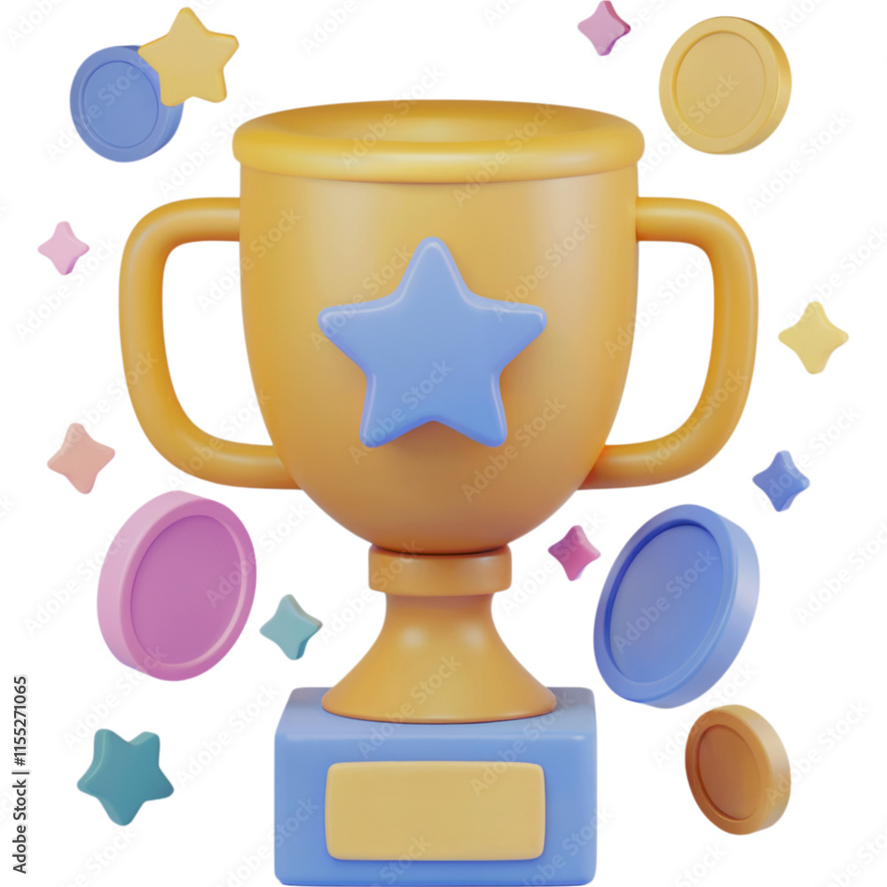 Trophy with a star on top and a bunch of coins around it Trophy with a star on top and a bunch of coins around it
