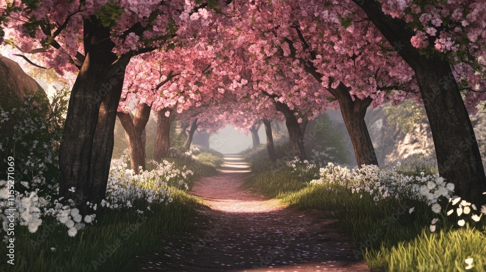 Naklejka premium A dreamy spring path with trees in full bloom, forming a canopy of pink and white blossoms.