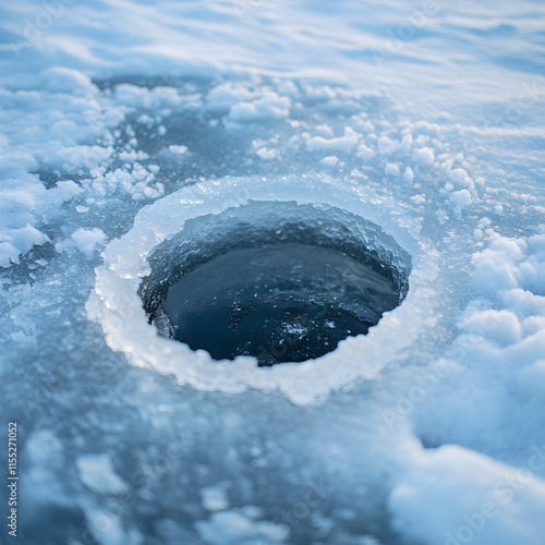 A freshly drilled ice fishing hole on a frozen lake, surrounded by soft snow and icy patterns, perfect for winter sports marketing or adventure-themed visuals. Selective focus