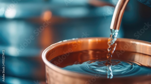 Close-up RAW Style of Copper pot whiskey distillation, artisanal spirits photo