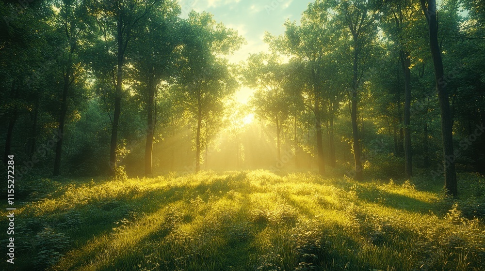 Naklejka premium Sunlight filters through lush, green forest scenery.