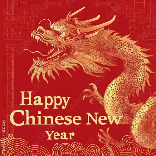 A vibrant red and gold card featuring a Chinese dragon and the text 