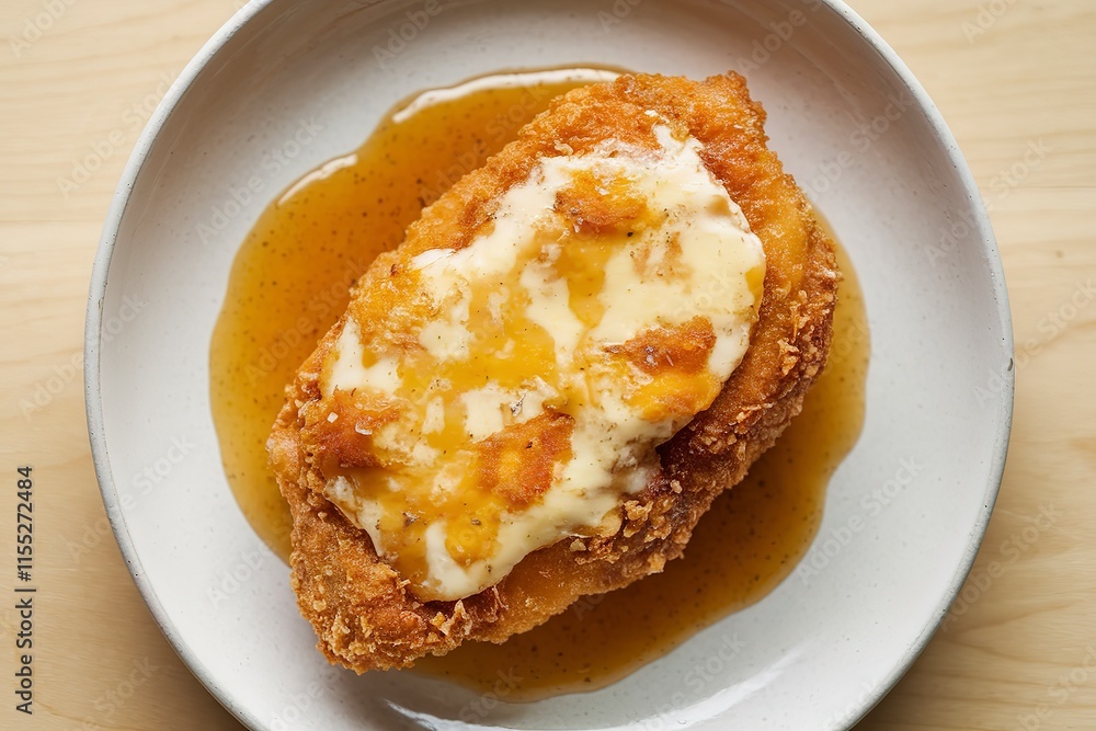 A closeup shot of a golden-brown chicken fillet with cheese in batter on a white plate A closeup shot of a golden-brown chicken fillet with cheese in batter on a white plate