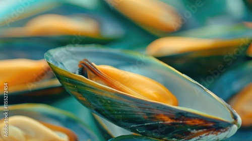 Close-up RAW Style of Fresh New Zealand green-lipped mussels, seafood delicacy photo