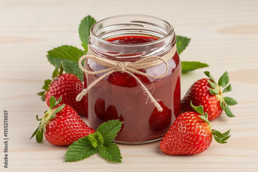 a glass jar filled with red strawberry jam a glass jar filled with red strawberry jam