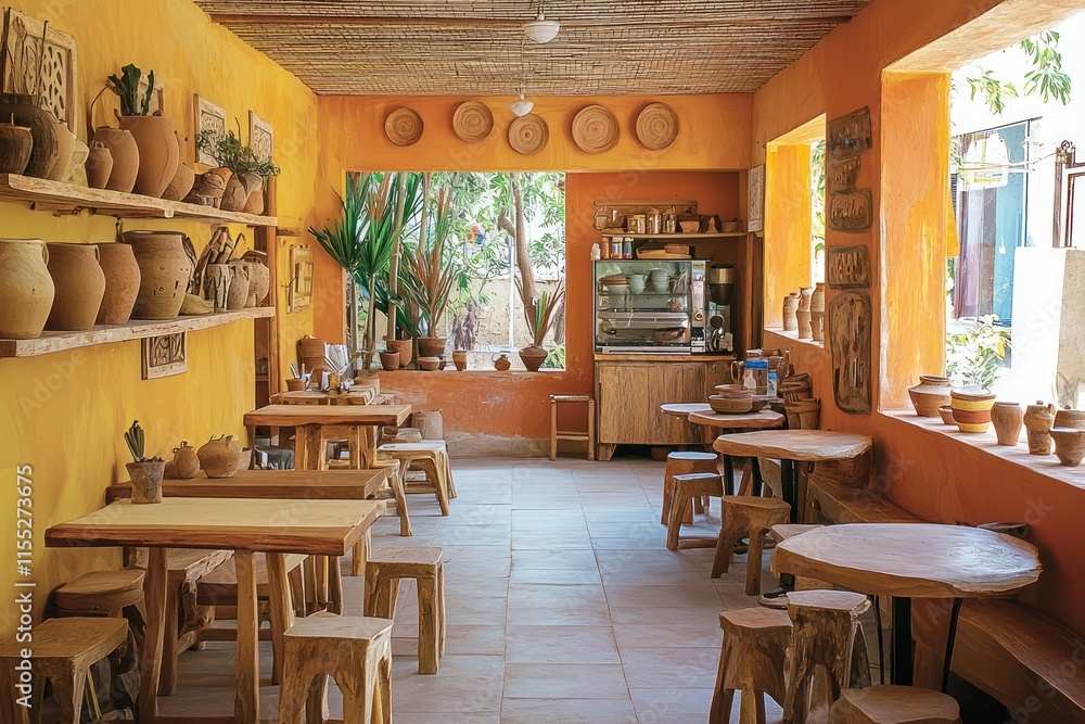 A bright cafe interior adorned with mud pottery pieces on walls and tables. A bright cafe interior adorned with mud pottery pieces on walls and tables.