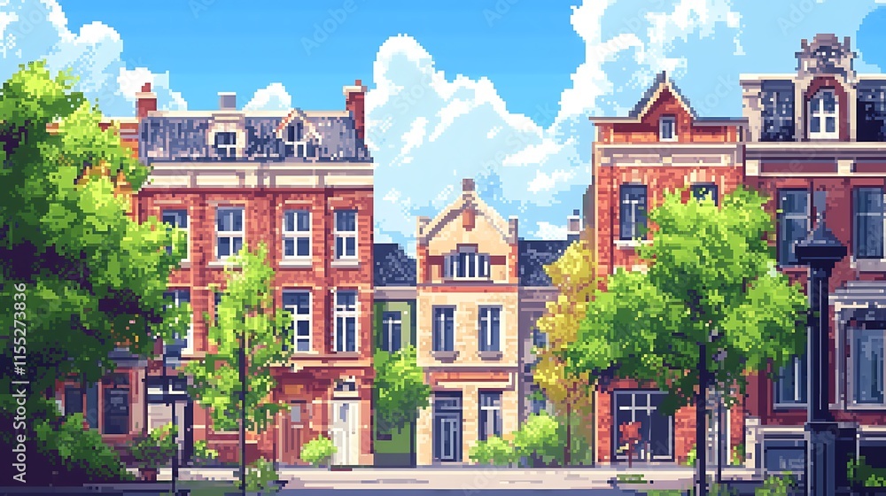 Obraz premium Vibrant Digital Painting: Sunlit Charming Street Scene, Cheerful Summer Day Illustration. AI Generated