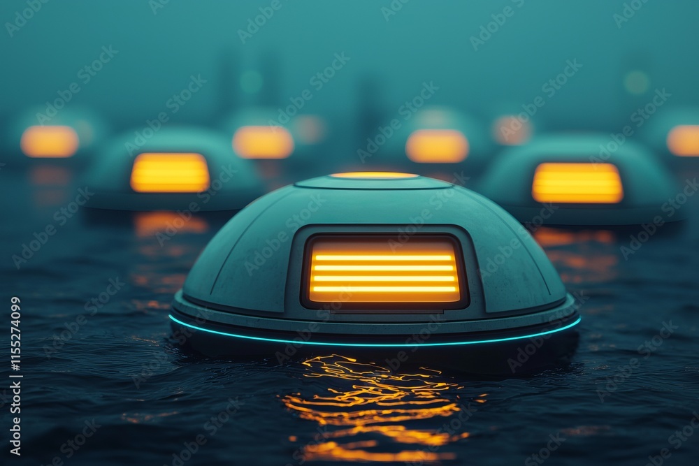 A serene scene featuring floating, dome-shaped structures illuminated by orange lights, set against a misty, tranquil water backdrop. A serene scene featuring floating, dome-shaped structures illuminated by orange lights, set against a misty, tranquil water backdrop.