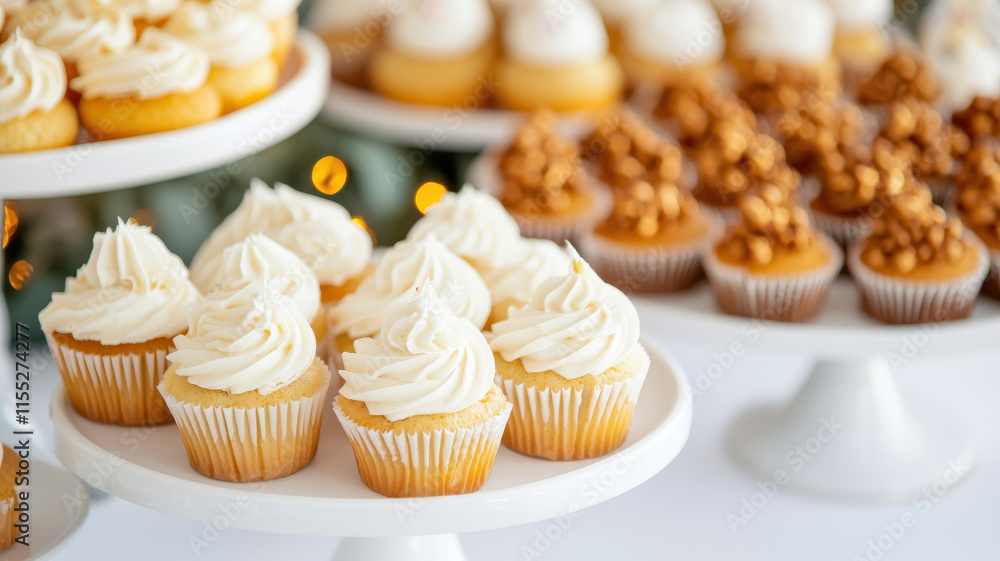 White Day concept. Delicious cupcakes with creamy frosting on dessert table display White Day concept. Delicious cupcakes with creamy frosting on dessert table display