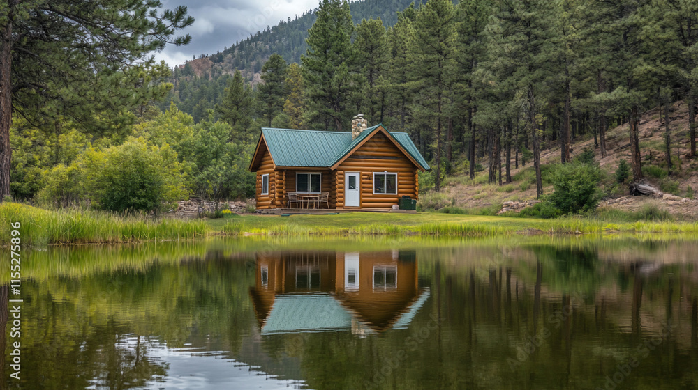 Fototapeta premium Log cabin reflected in a calm pond, nestled in a forest.