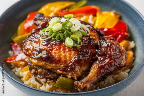 a bowl of sumptuously glazed chicken meat, garnished with thinly sliced green onions
