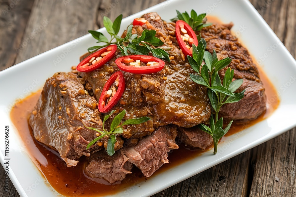 A delectable dish of beef meat, garnished with sliced red chilies and fresh green herbs A delectable dish of beef meat, garnished with sliced red chilies and fresh green herbs
