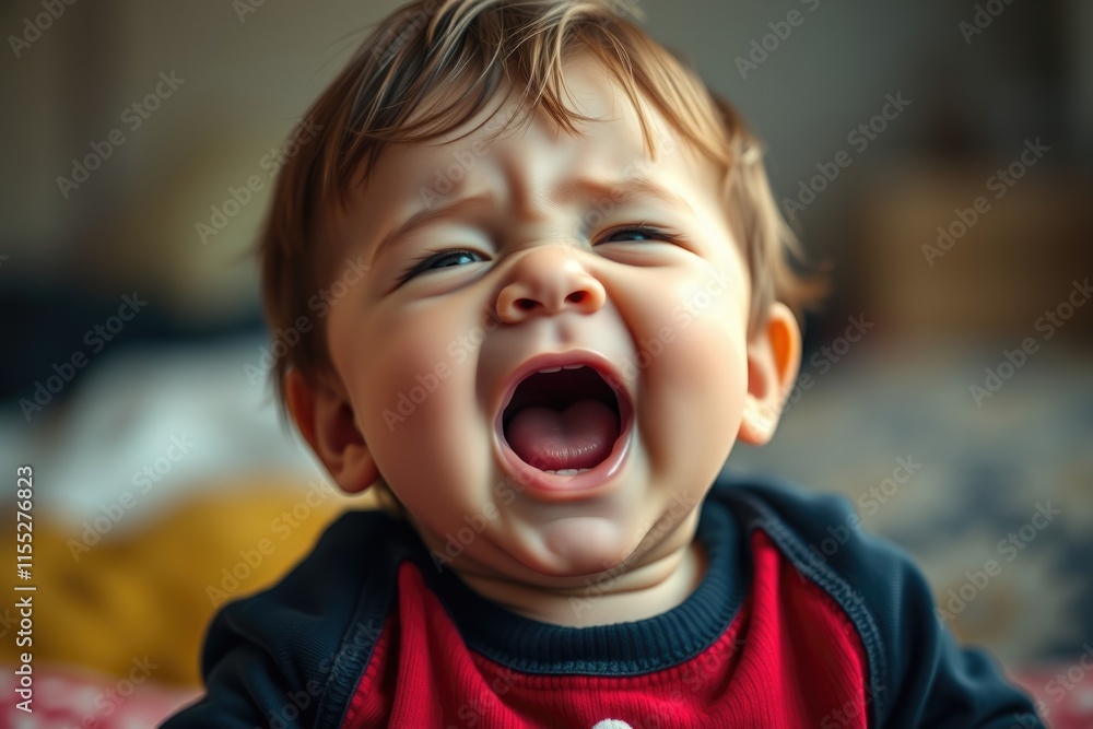 A joyful baby yawns widely, expressing a mix of curiosity and tiredness while sitting comfortably indoors during the afternoon A joyful baby yawns widely, expressing a mix of curiosity and tiredness while sitting comfortably indoors during the afternoon
